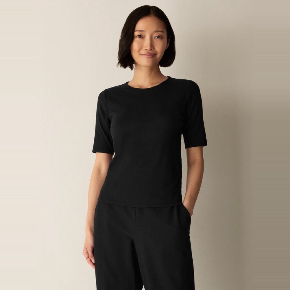 NEW Eileen Fisher Organic Cotton Stretch Rib Crew Neck Tee Top Womens Small